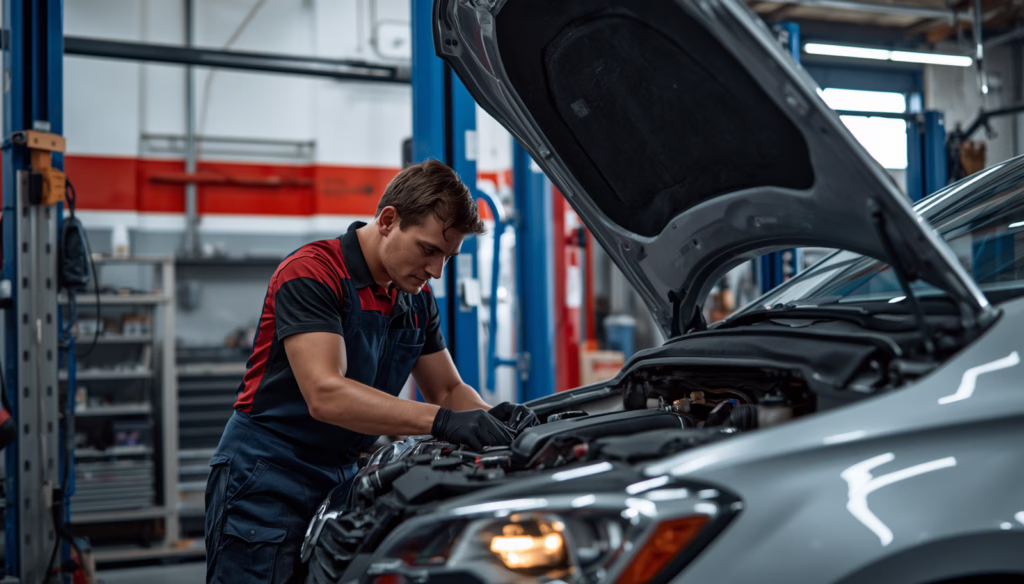 Auto technician performing vehicle diagnostics under the hood in a professional California automotive repair facility for auto information services bond compliance
