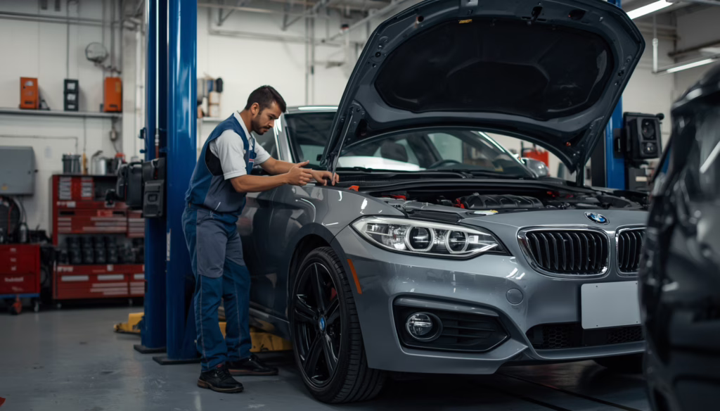 Certified mechanic inspecting a luxury vehicle inside a modern California auto service center related to DMV auto information services bond requirements