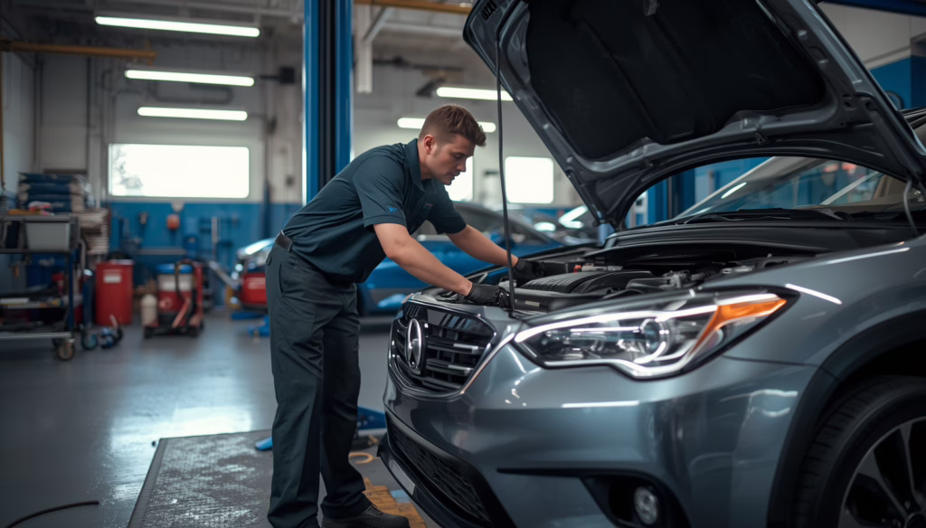 Professional automotive service technician conducting vehicle maintenance in a commercial repair garage for California auto information services bond coverage