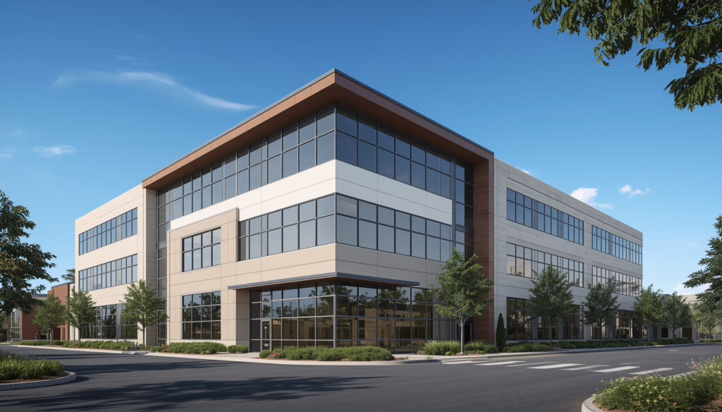 Modern California commercial office building representing commercial requester account bond compliance and consumer credit reporting operations