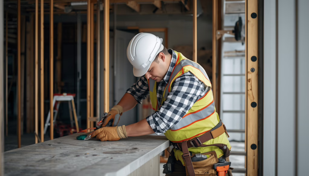 Licensed California contractor using professional tools during interior renovation project representing California Contractor License $25,000 Bond protection and construction compliance.