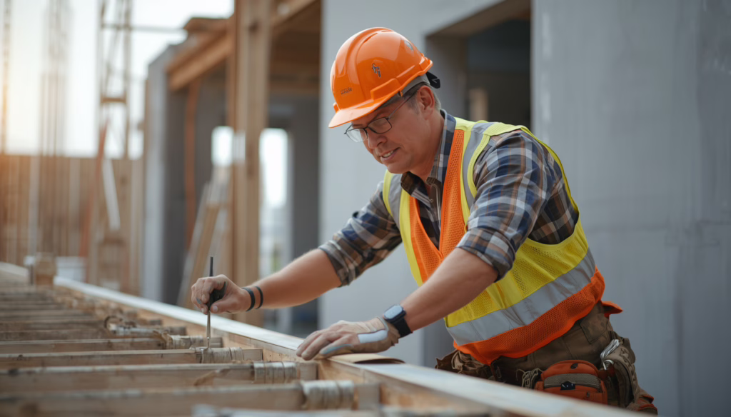 California licensed contractor inspecting framing work at active construction site for Contractor License $25,000 Bond compliance and professional building standards.
