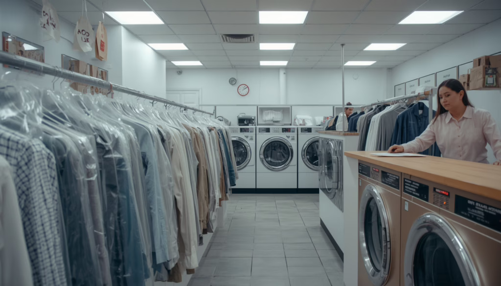Modern dry cleaner business interior featuring commercial laundry machines and customer garment processing covered by California Dry Cleaner Bond regulations