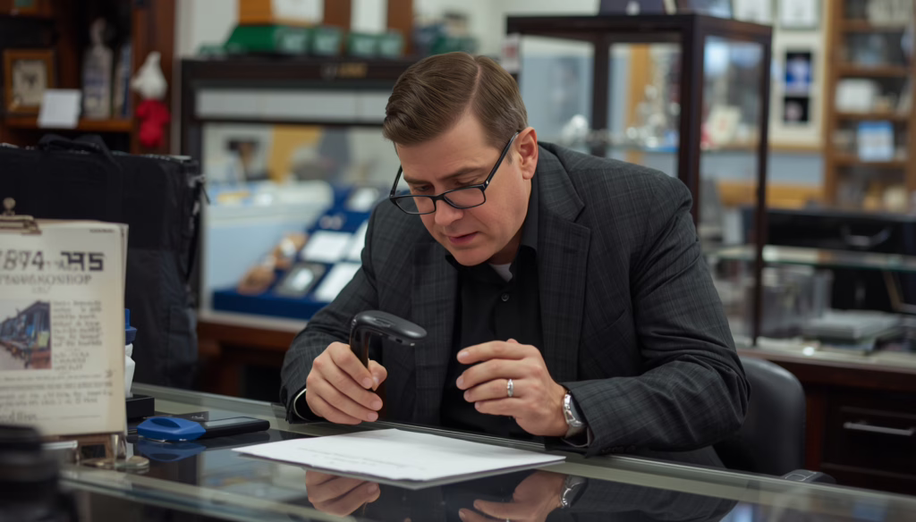 Licensed California pawnbroker reviewing pawned items and documentation inside a professional pawn shop under $20,000 surety bond regulations