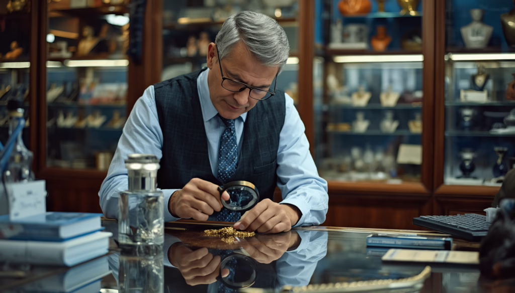 California pawnbroker inspecting jewelry and valuables while verifying compliance with California Pawnbroker Bond requirements and consumer protection laws
