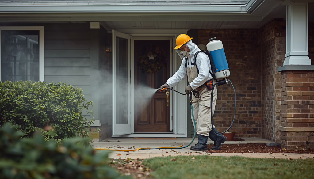 Pest control technician applying residential pest treatment while wearing protective safety equipment and using professional spraying tools outside a home.