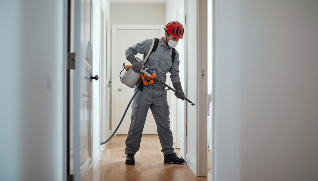 Licensed pest control worker performing exterior pest management services at a residential property with commercial-grade spraying equipment and protective gear.