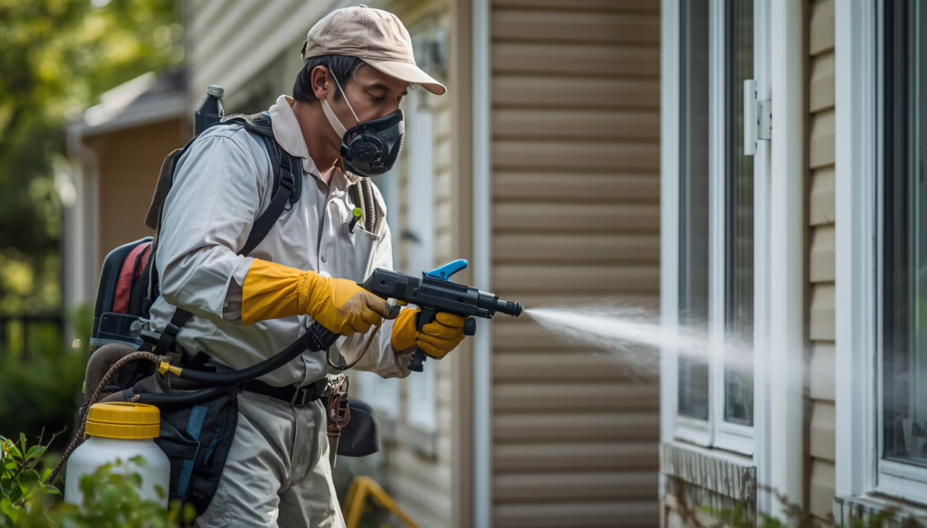 Professional exterminator conducting indoor pest control treatment in a residential hallway using specialized pest management equipment and safety protection.