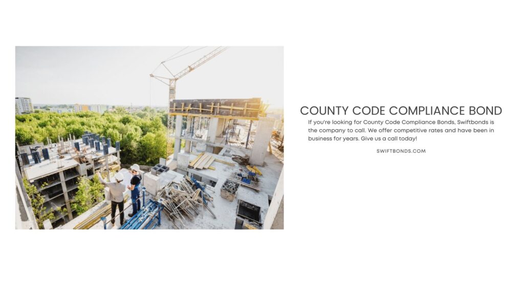 County Code Compliance Bond - Top view on the construction site of residential buildings during the construction process with two workers.