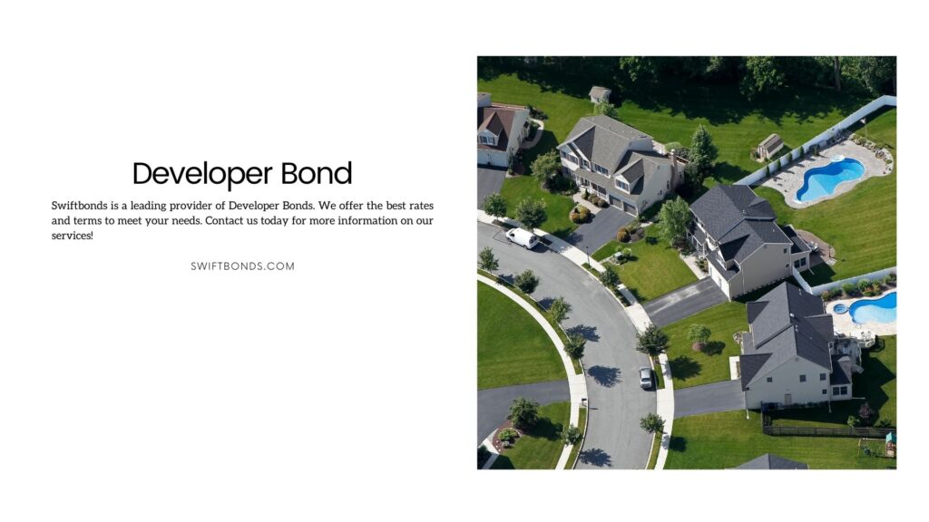 Developer Bond - Aerial suburban subdivision homes and swimming pool.