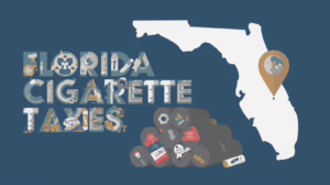 Illustration highlighting Florida cigarette tax enforcement with a state map, tax icons, and tobacco products representing regulated cigarette distribution.