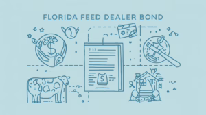 Minimalist graphic depicting a feed dealer bond document connected to livestock, financial responsibility, and regulatory compliance.