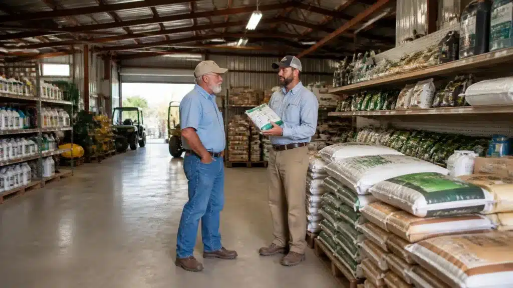 Florida agricultural products dealer discussing crop supplies with a farmer inside an agricultural supply warehouse.