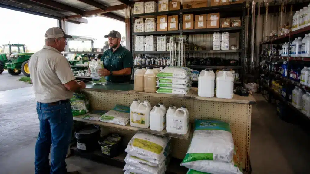 Farmer purchasing agricultural products from a licensed Florida agricultural products dealer at a farm supply store.