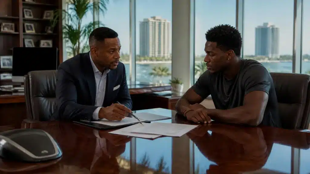 Florida Athlete Agents $15,000 Bond sports agent meeting with a professional athlete to review representation agreements and contract terms.