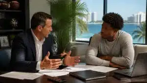 Florida Athlete Agents $15,000 Bond licensed sports agent advising an athlete during a contract negotiation meeting.