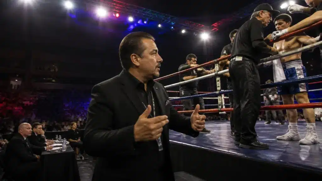 Florida Boxing Promoter discussing fight strategy with a boxer ringside before a professional boxing event.