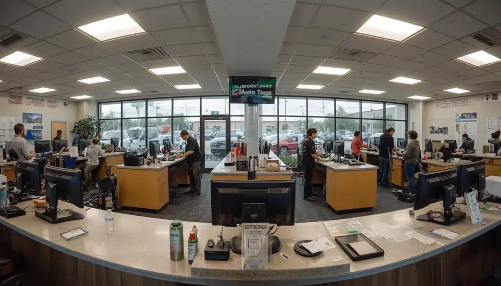 Florida Branch Auto Tag Bond agency assisting customers with vehicle registration and title transactions at a licensed service office.