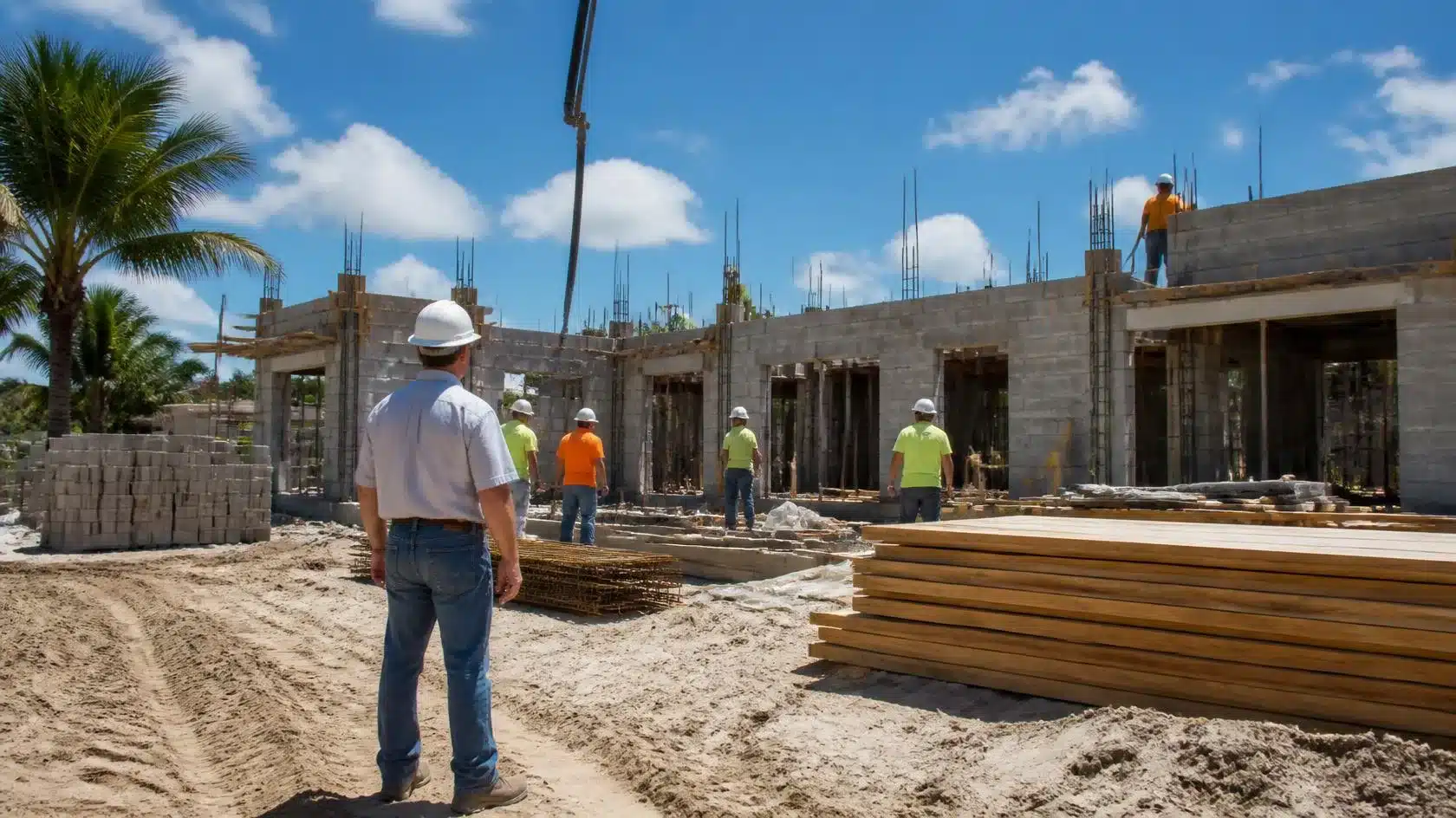 Florida Class B building contractor supervising commercial building construction with workers and reinforced concrete framework.