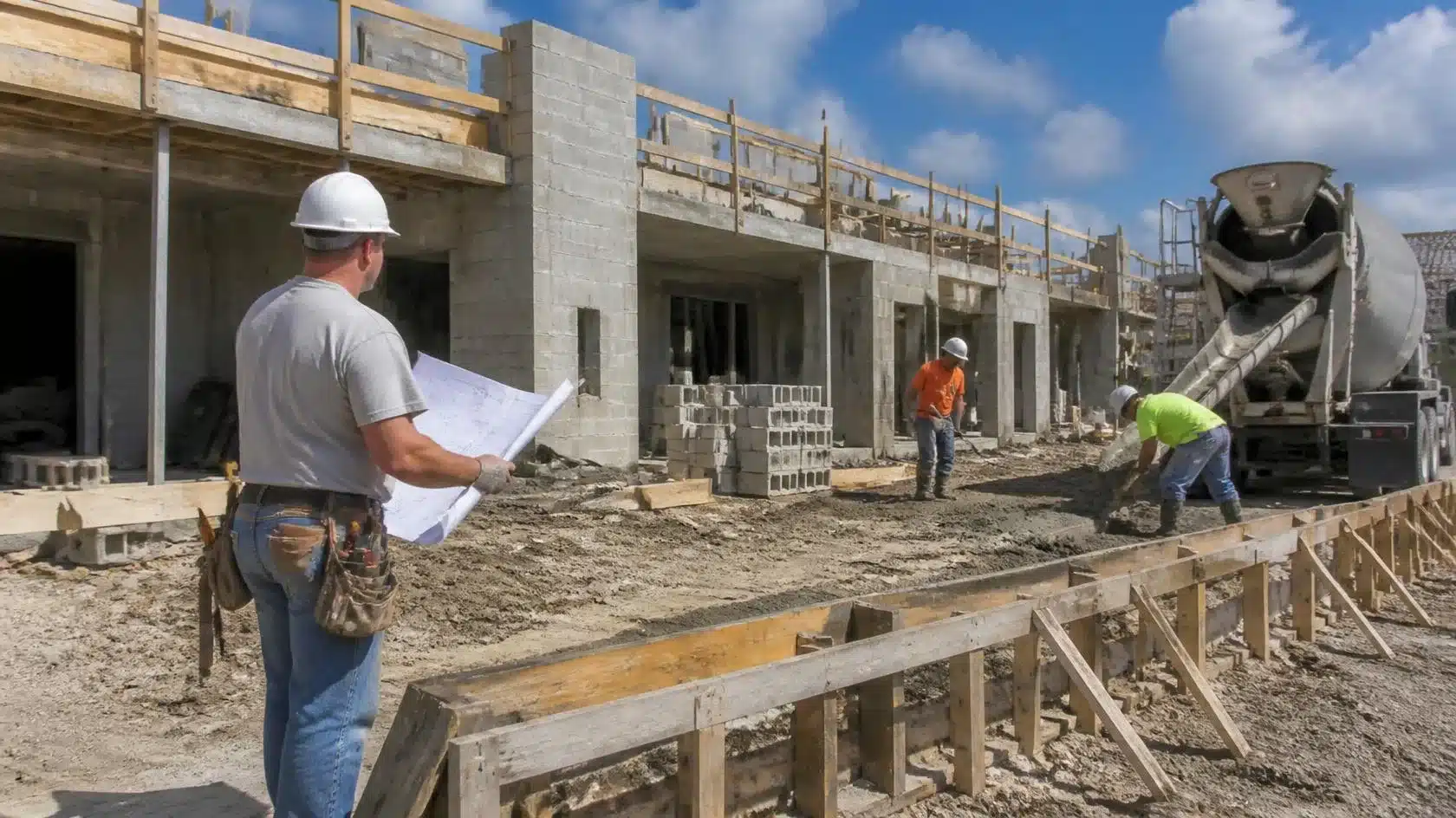Florida Class B building contractor overseeing commercial construction project with concrete block structure and job site crew.