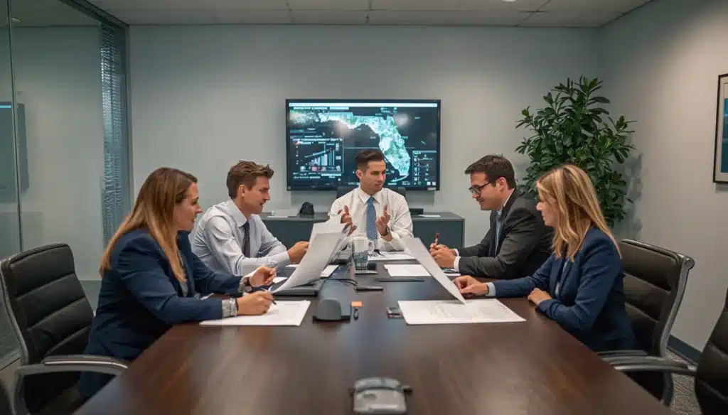 Business professionals reviewing Florida Business Opportunity Bond requirements during a compliance meeting for licensing and regulatory obligations.