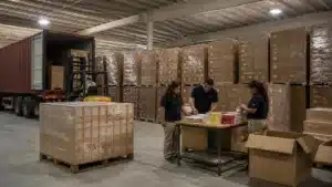 Warehouse staff organizing cigarette exports under Florida cigarette exporter licensing requirements.