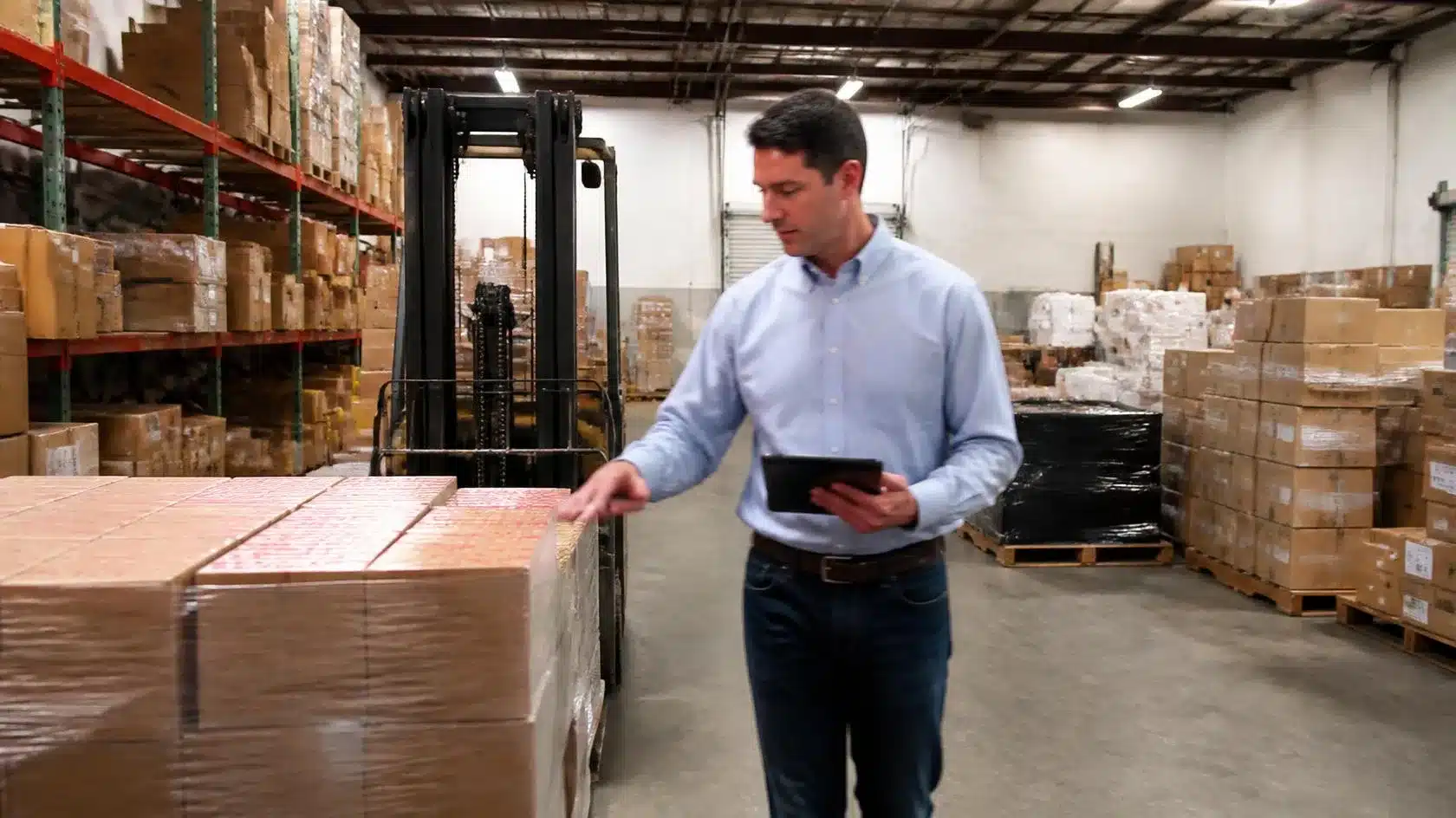 Warehouse employee scanning cigarette inventory at a Florida licensed cigarette distributing facility.