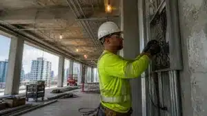 Lakeland, FL City Electrical Contractor Bond licensed electrician installing electrical wiring and panels in a commercial construction project.