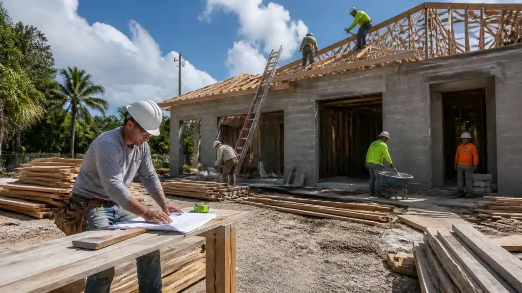 Florida contractor checking building plans while crews frame the roof of a new home.