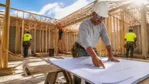 Licensed Florida contractor reviewing construction blueprints inside a wood-framed residential project.