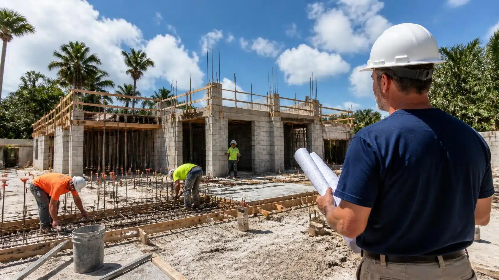 General contractor overseeing residential construction work under a Florida contractor license and surety bond.