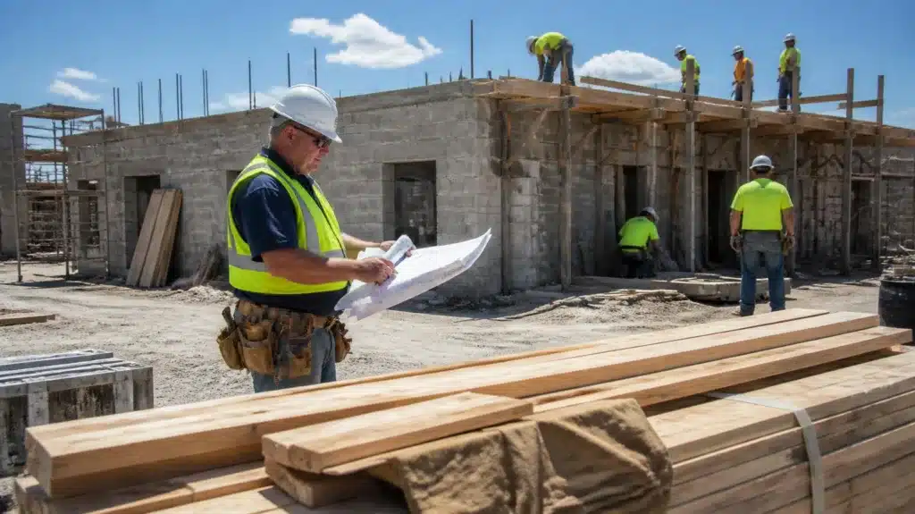 Licensed Florida contractor reviewing construction plans near lumber and an active building project.