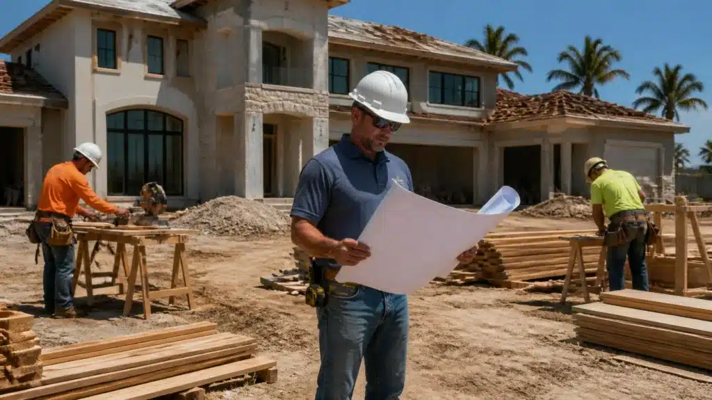 Florida contractor inspecting residential construction while crews frame and build a new home.