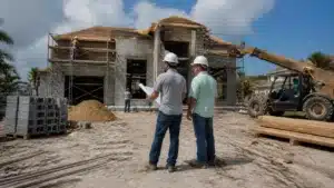 Licensed contractor reviewing blueprints at a Florida residential building site.