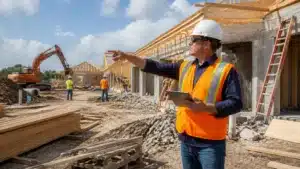 Florida contractor supervising workers and construction equipment during new home development.