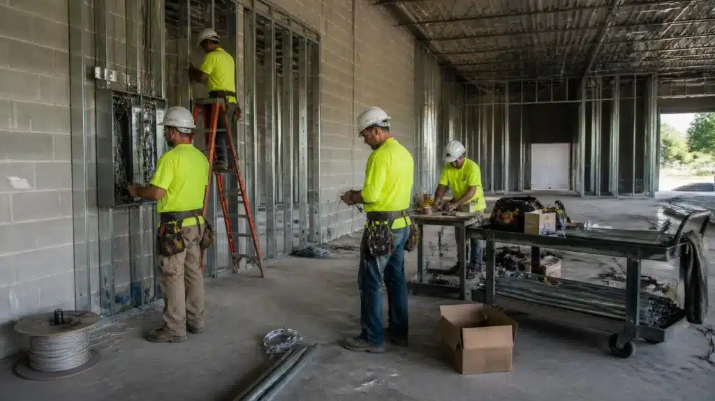 Electricians installing electrical wiring and metal framing inside a commercial building under construction
