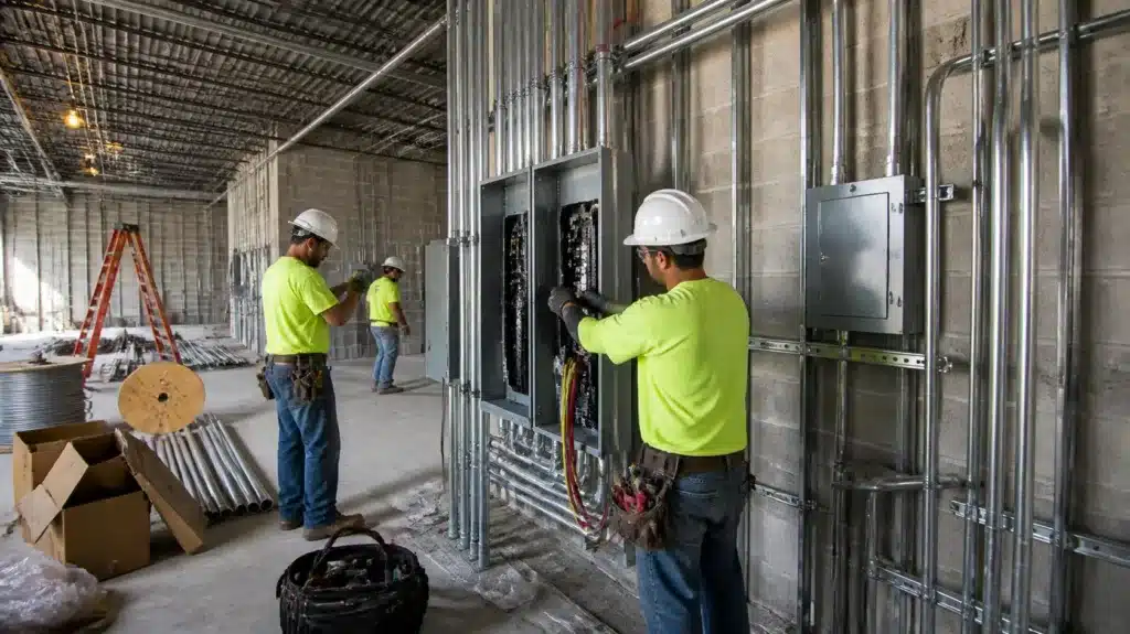 Licensed electricians wiring electrical panels and conduit in a commercial construction project