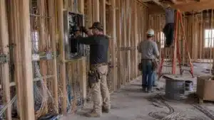 Electrical contractor installing wiring inside wood-framed residential construction