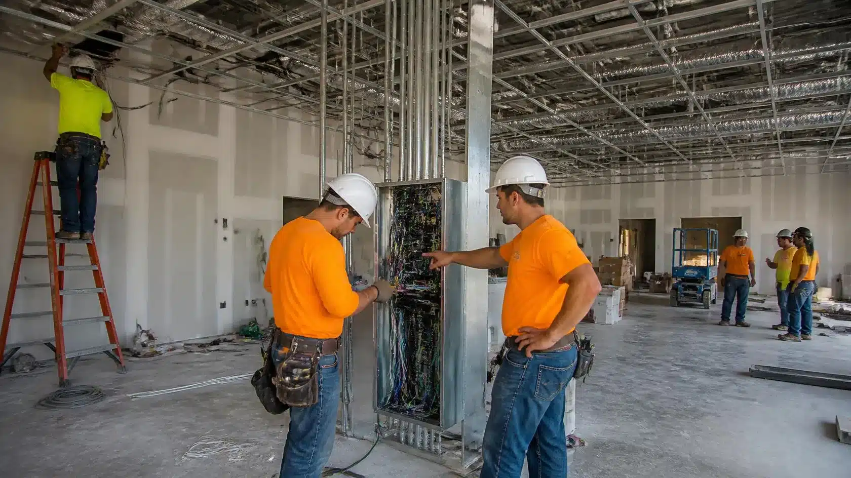 Electrical contractors installing wiring and inspecting a commercial electrical panel for Florida license bond compliance.