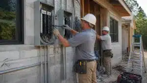 Electrical contractors wiring exterior breaker panels during a Florida building installation.
