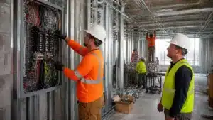 Florida electrical contractor inspecting a commercial panel while supervising code-compliant wiring work.