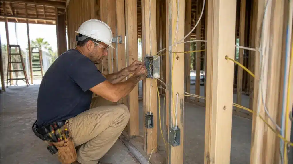 Florida electrician installing electrical wiring inside new residential construction project