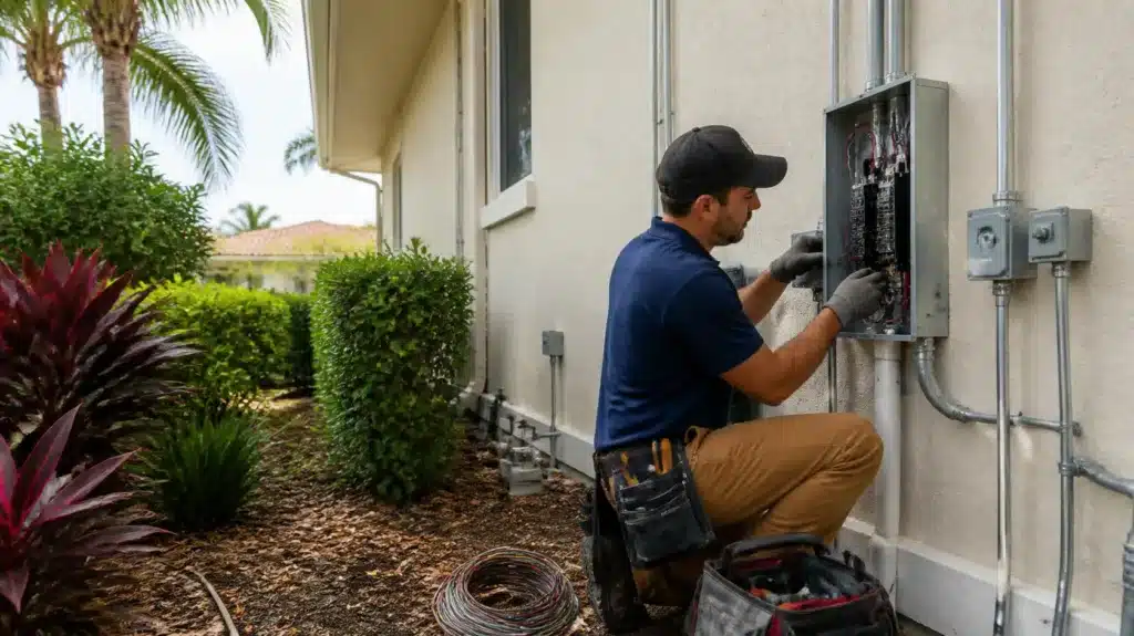 Florida electrician wiring commercial electrical panels during building construction