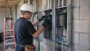 Florida electrician inspecting electrical breaker panel and completing wiring installation