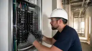Florida licensed electrician connecting electrical circuits inside residential breaker panel safely