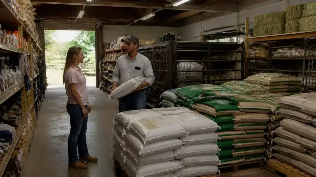 Florida feed dealer assisting a customer with livestock feed and agricultural supplies inside a farm supply store
