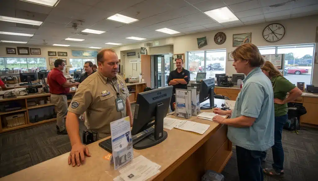 Customers purchasing Florida hunting and fishing licenses from a licensed Game and Fish License and Permit Agent service counter.