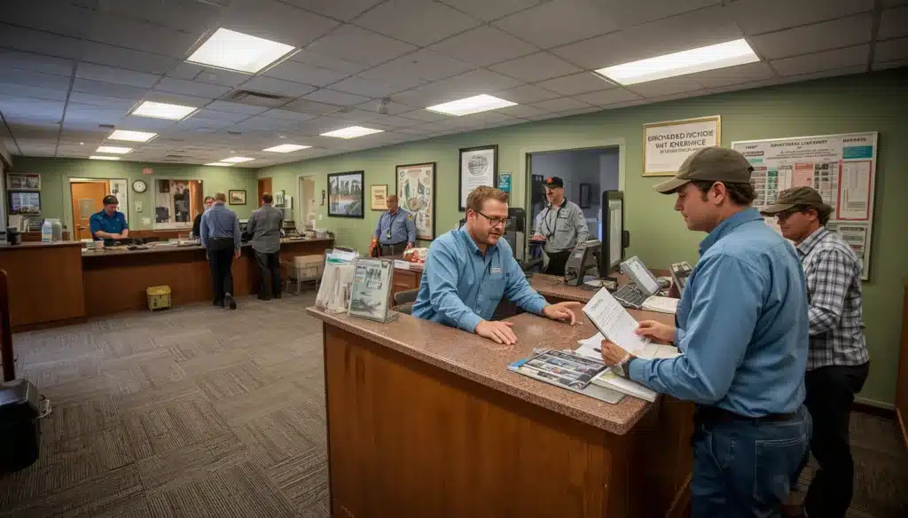 Florida Game and Fish License and Permit Agent assisting customers with hunting and fishing permit applications at a licensing office.