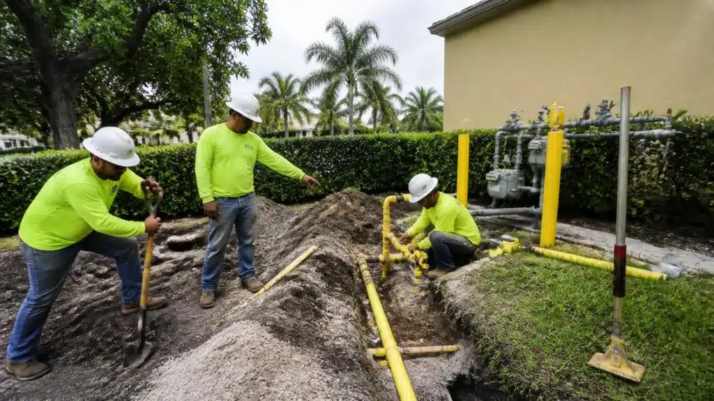 Licensed gas contractor installing residential natural gas lines and utility connections in Florida.