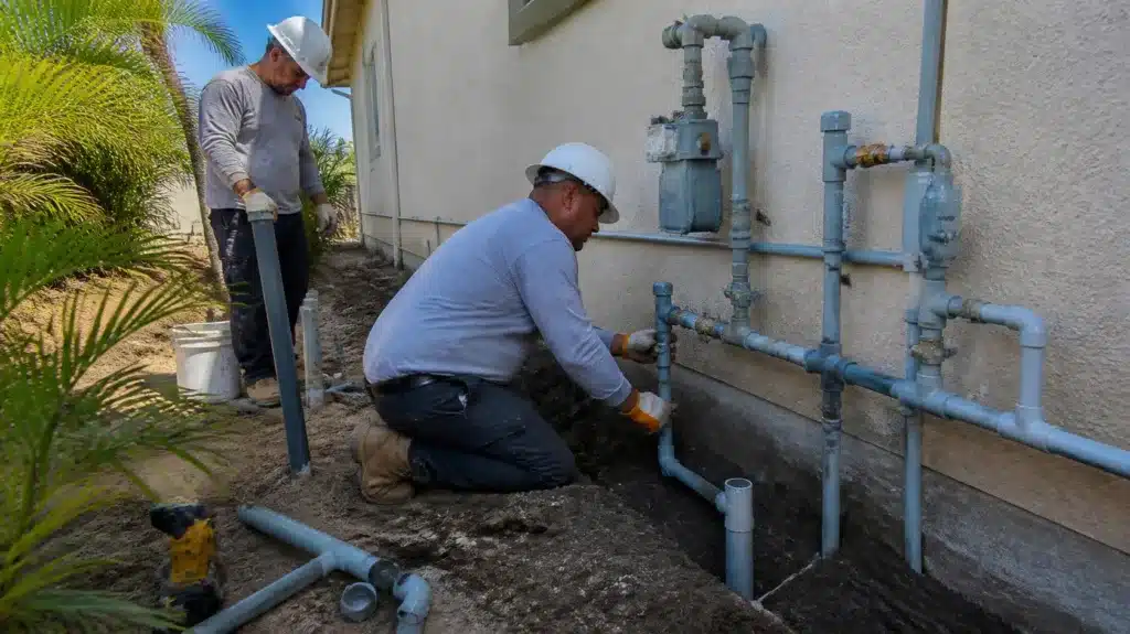 Gas contractor performing underground natural gas pipeline installation beside a residential property in Osceola County, Florida.